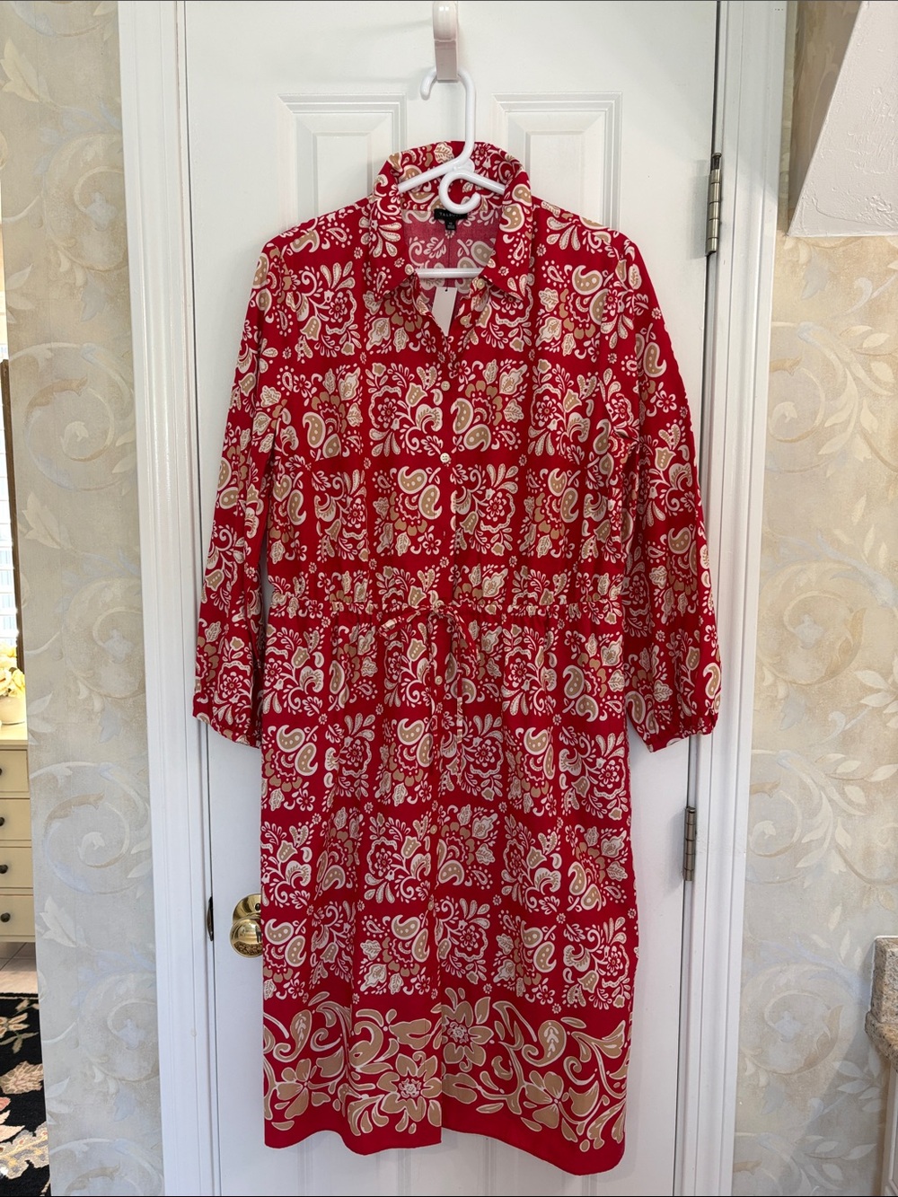 Talbots Red Floral Midi Cotton Dress with Beige Accents and Drawstring Waist